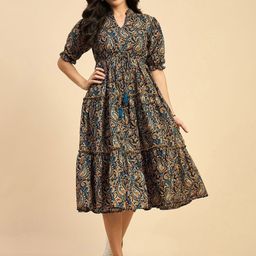 Kharoliya Ethnic Motifs Printed Mandarin Collar Empire Midi Dress-image-50