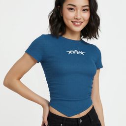 glitchez Teal Blue Ruched Ribbed Crop Top with Asymmetric Hem-picture-7