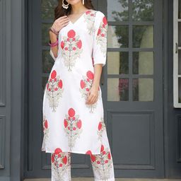 Anouk Floral Printed V-Neck Straight Kurta With Trousers-image-78