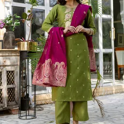 KALINI Women Ethnic Motifs Embroidered Regular Pure Silk Kurta with Palazzos & With Dupatta-picture-4