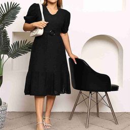 MARC LOUIS Women V-Neck Schiffli Puff Sleeve Fit and Flare Dress-image-14