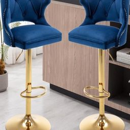 Doe Buck Velvet Tufted Bar Chairs with Golden Base | Blue-image-89