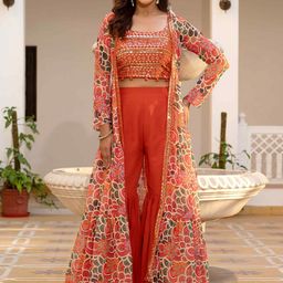 TextileNow Embellished Square Neck Top & Palazzo With Shrug Co-ords-picture-0
