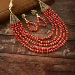 Jewar Mandi Gold-Plated Pearl Beaded Layered Jewellery Set-image-81
