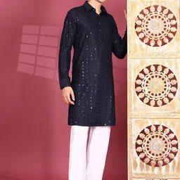 Pro-Ethic STYLE DEVELOPER Men Ethnic Motifs Embroidered Regular Sequinned Kurta with Salwar image 3