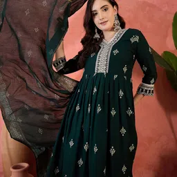 Sangria Printed Flared Kurta, Trousers & Dupatta Set-image-21