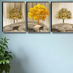 Aura Beige & Gold-Toned 3 Pieces Tree Printed Wooden Wall Paintings-image-93