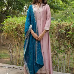 MOKOSH Floral Embroidered Panelled Sequinned Silk Anarkali Kurta With Trouser & Dupatta-picture-9