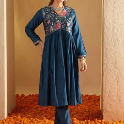 Indo Era Floral Embroidered Three-Quarter Sleeves Liva Tunic With Trouser-picture-56