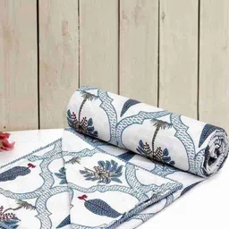 Comfowell White & Blue Floral Printed 210 GSM AC Room Cotton Double Bed Dohar-image-76