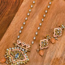 eeooaa Peach With White Pearls Gold-Plated Jewellery Set-image-54