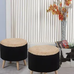 Shadowkart 2 Pcs Black & Beige Wooden Pouffe Ottoman-14