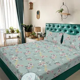 KLOTTHE Green Floral 300 TC King Bedsheet with 2 Pillow Covers-image-82