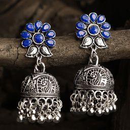 Stefan Rhodium-Plated Stone Studded Dome Shaped Oxidised Jhumkas image 1