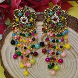 MEIRA JEWELLERY Gold Plated Artificial Stones Studded & Beaded Contemporary Drop Earrings-picture-13