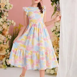 YK Girls Abstract Printed Flutter Sleeves Fit & Flare Midi Dress-image-78