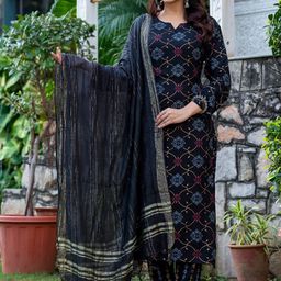 HERE&NOW Women Black & Blue Floral Printed V-Neck Rayon Kurta With Trouser & Dupatta-picture-17