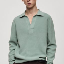 MANGO MAN Ribbed Shirt Collar Drop-Shoulder Sleeves Relaxed Fit Pullover-image-18