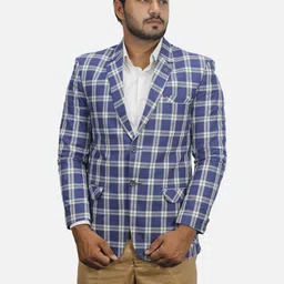 GARGIAN Master Cut Men Blue Checked Polyviscose With Notched Lapel Collar Blazer-picture-2