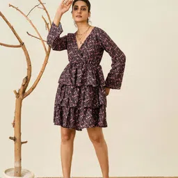 DressBerry Women Floral Print Flared Sleeve Ruffled Crepe Fit & Flare Dress-image-17