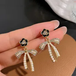 Estailo fashion Artificial Stones Studded and Beaded Enamelled Bow Shaped Drop Earrings-picture-42