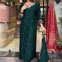 VAAZI CREATOR Floral Embroidered Notch-Neck Straight Kurta With Trousers And Dupatta-14