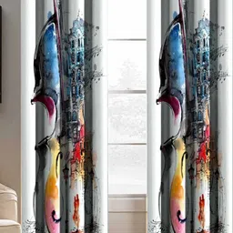 Aura White & Blue 2 Pieces Abstract Printed Long Door Curtain-40