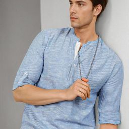 Anouk Striped Woven Design Mandarin Collar Cotton Straight Kurta-image-25
