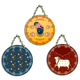 SEHAZ ARTWORKS New circle Maroon & Yellow 3 Pieces Printed Wooden Wall Hanging Decor-image-85