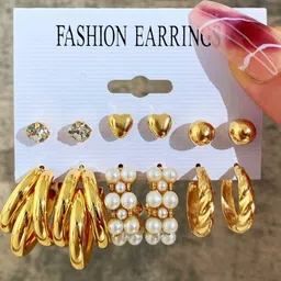 Palli Creation Set Of 6 Gold-Plated Pearls Beaded Heart Shaped Studs image 2