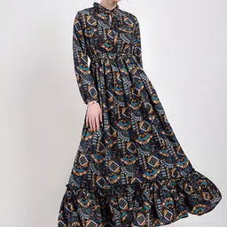 ZWERLON Floral Print Tie-Up Neck A-Line Maxi Dress-image-67