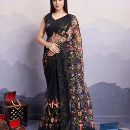 HERE&NOW Women Floral Embroidered Net Saree-image-53