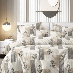 Bajo's Off White & Brown Ethnic Motifs 350 TC King Bedsheet with 2 Pillow Covers-image-95
