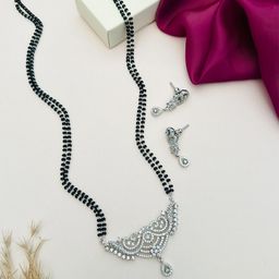 ABDESIGNS Silver-Plated American Diamond Studded & Beaded Mangalsutra With Earrings-image-61