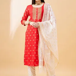 HERE&NOW Floral Printed Straight Kurta With Trousers And Dupatta-image-55