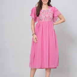 OH MI DIOS Ethnic Motifs Embroidered Flutter Sleeves Georgette Fit & Flare Midi Dress-picture-12