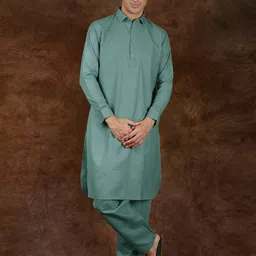 Exotic India Men Pastel -Plain Pure Cotton Pathani Kurta Pajama Set with Front Pocket-picture-0