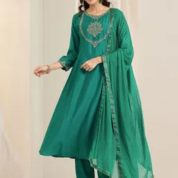 Gerua By Libas Floral Yoke Design A Line Kurta Trousers & Dupatta-image-87