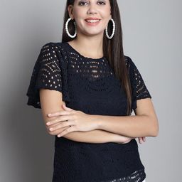 Navy Blue Self Design Round Neck Short Sleeve Lace Top-image-3