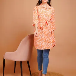Boholyfe Floral Printed Shirt Collar Longline Open Front Shrug With Belt image 5