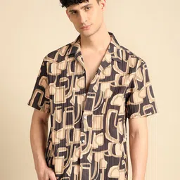 Voroxy Men Smart Cuban Collar Abstract Printed Polycotton Casual Shirt-image-91