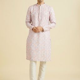 Manyavar Floral Embroidered Mandarin Collar Straight Kurta With Trousers-image-65