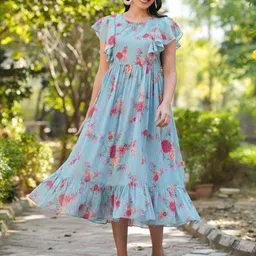 Janasya Floral Print Flutter Sleeve Georgette Fit & Flare Midi Dress-12
