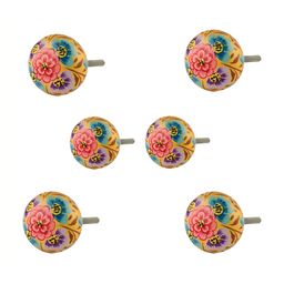 Indianshelf Blue & Yellow 6 Pieces Wooden Round Flower Knobs-53