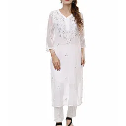 BEAUTY CHIKAN HANDICRAFTS Women Chikankari Mirror Work Straight Kurta With Inner-picture-26