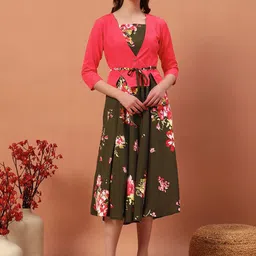 Rudraaksha Creations Floral Print Crepe A-Line Dress-image-2