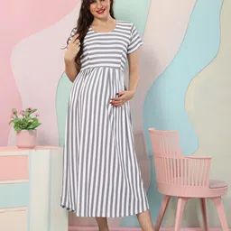 EASY MOM Striped Maternity Fit & Flare Maxi Dress-picture-18