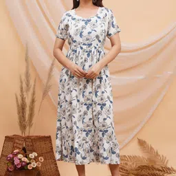 MomsBae Women Floral Printed Fit & Flare Cotton Midi Feeding Dress-picture-26