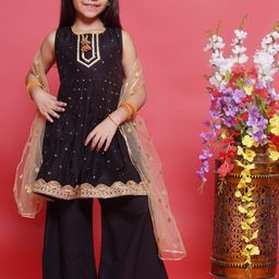 Little Bansi Girls Floral Embroidered Chanderi Cotton Kurta with Palazzo & Dupatta-picture-35