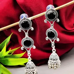 Yash Jewels Emporiums Silver-Plated Stones Studded & Beads Beaded Oxidised Jhumkas-image-61